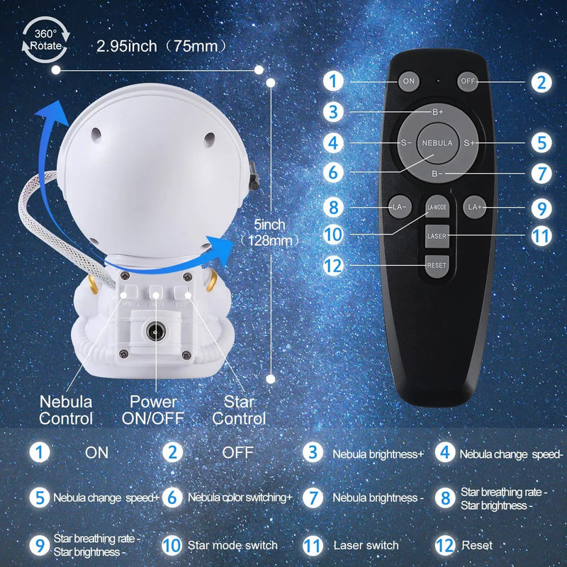 Projetor Astronauta Galaxy - Starry Night Light with Timer & Remote Nebula Light Projector for Kids Room Ceiling Home Decor